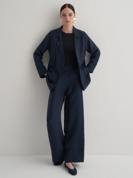 Navy Cupro Linen Trousers