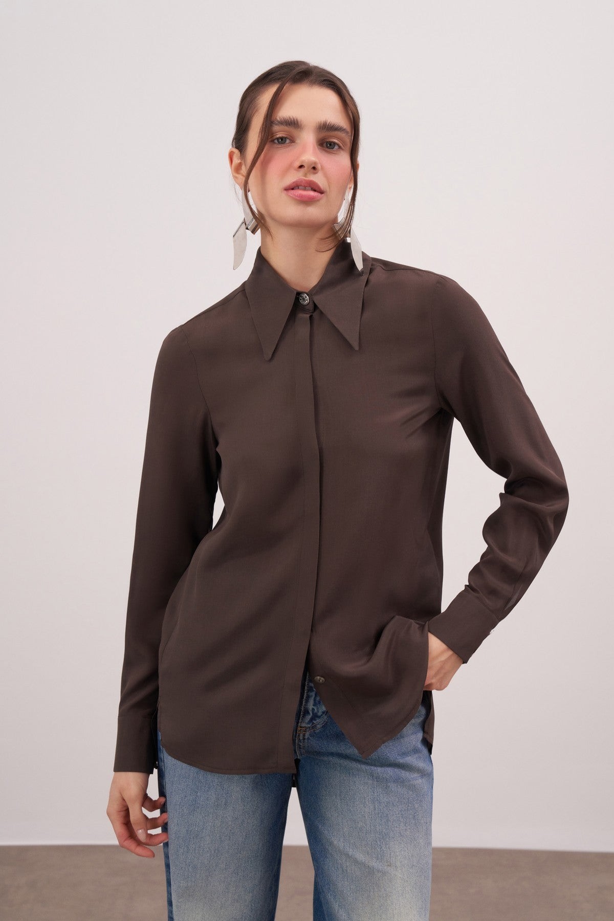 Brown Twill Silk Shirt - Image 9