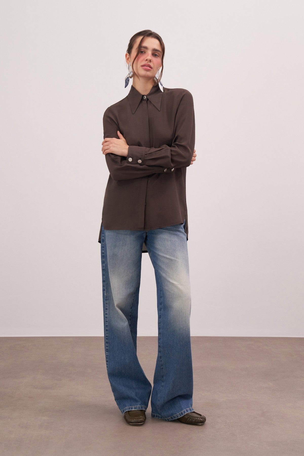 Brown Twill Silk Shirt - Image 4