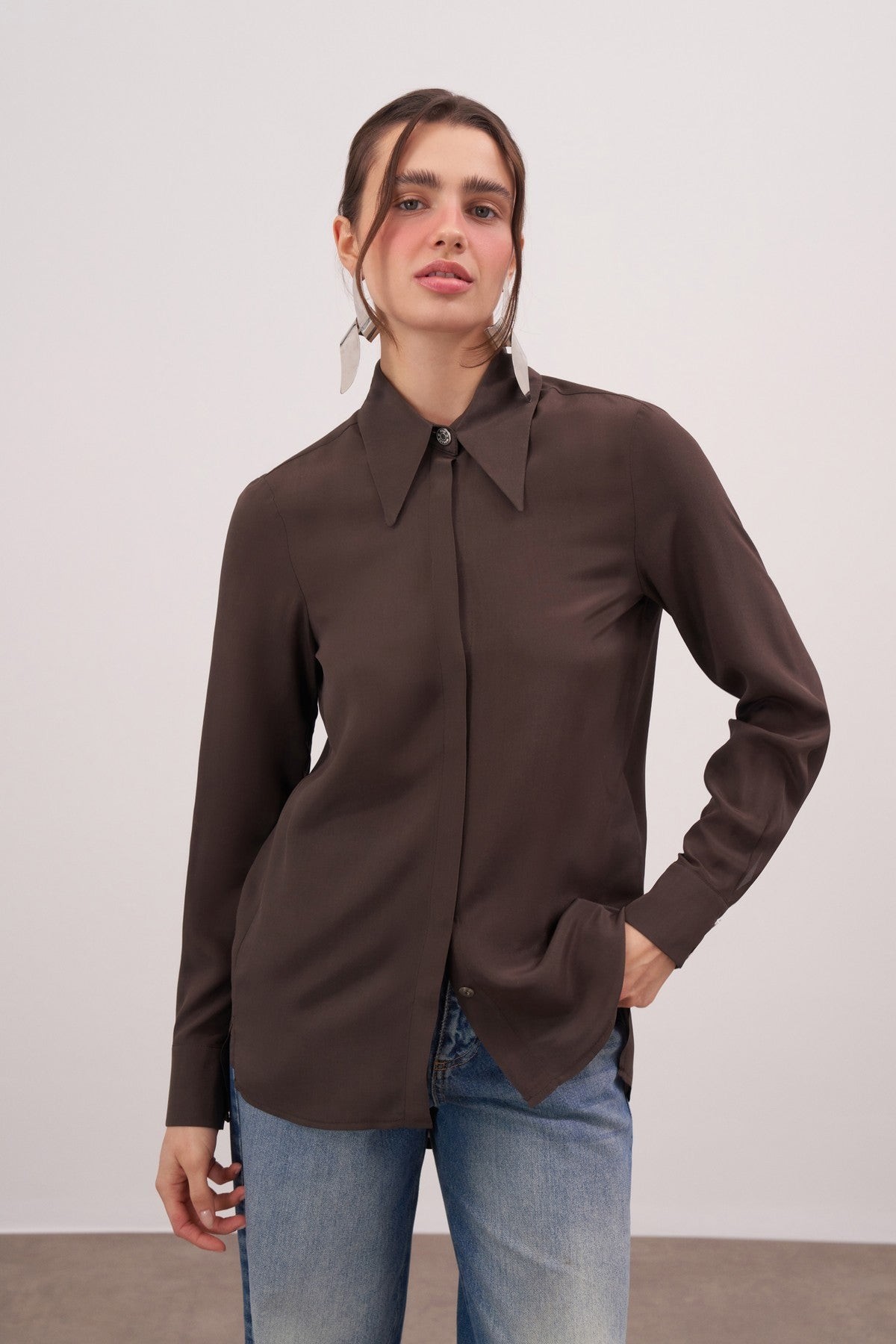 Brown Twill Silk Shirt - Image 10
